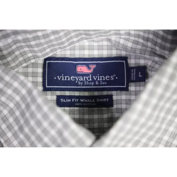 Vineyard Vines Button-Up Shirt Men L Gray/White Gingham Slim Fit Logo Embroidery - Picture 6 of 10